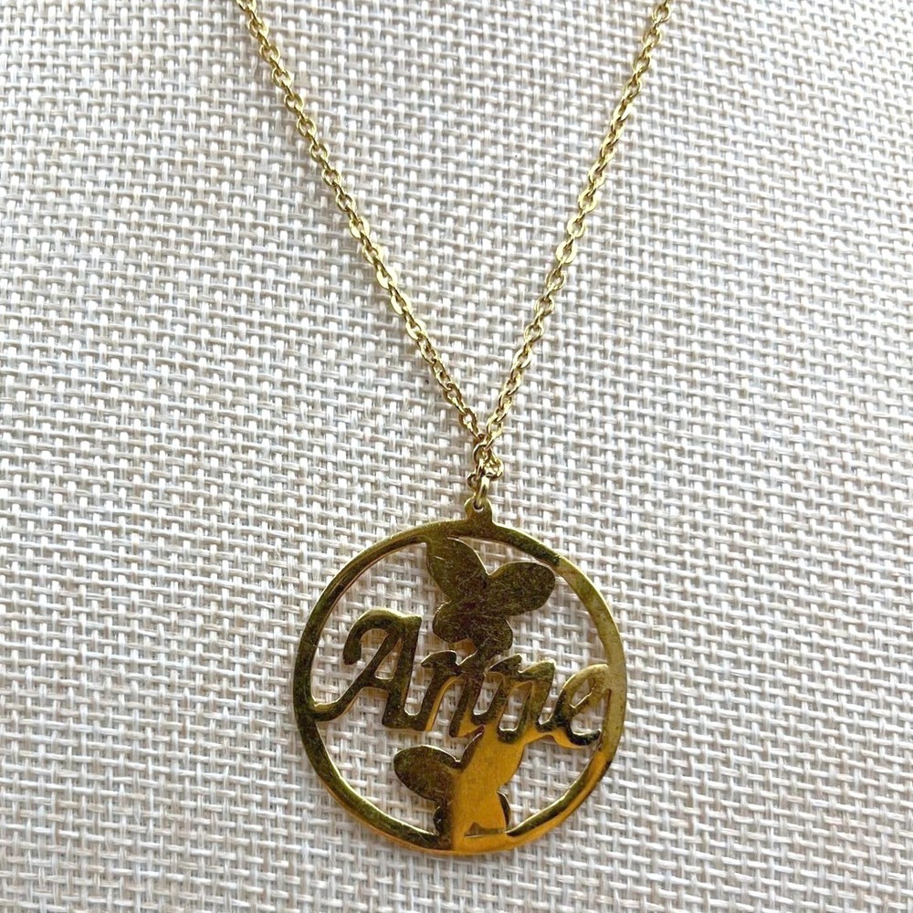 Vintage Gold Tone Anne Name Necklace Butterfly Circle Pendant Custom Jewelry Y2K